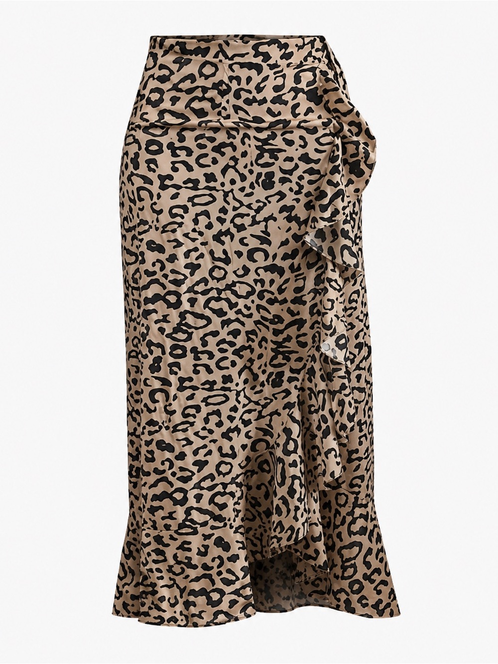 Leopard Print Ruffle Maxi Skirt Beige Black Wrap Style Size S